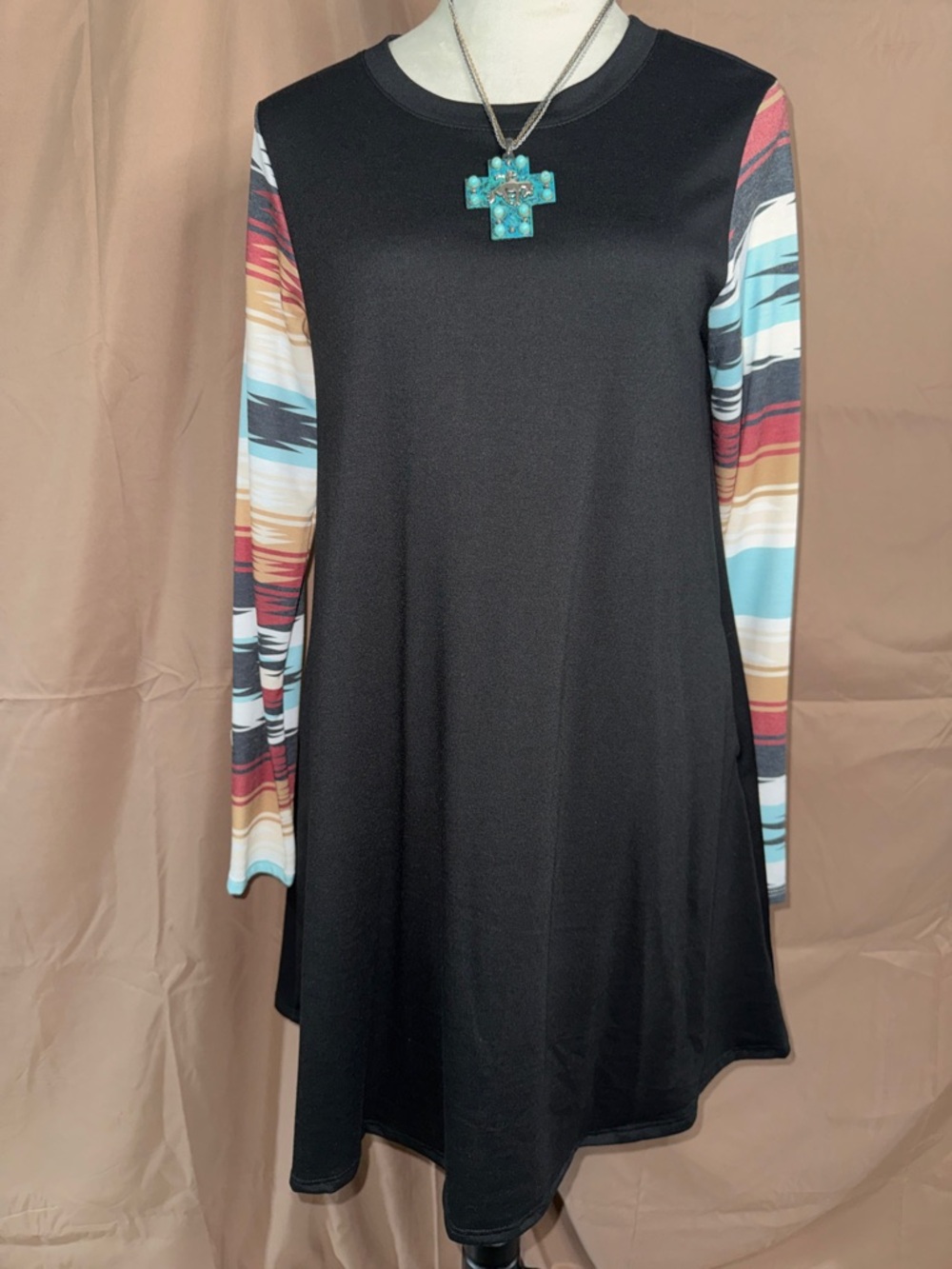 NWT Avery Black Tunic with Multicolor Striped Long Sleeves SMALL